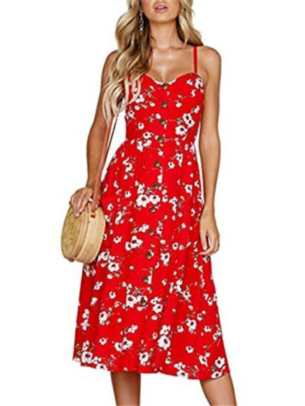 Women's Summer Floral Bohemian Spaghetti Strap Button Down Midi Dress